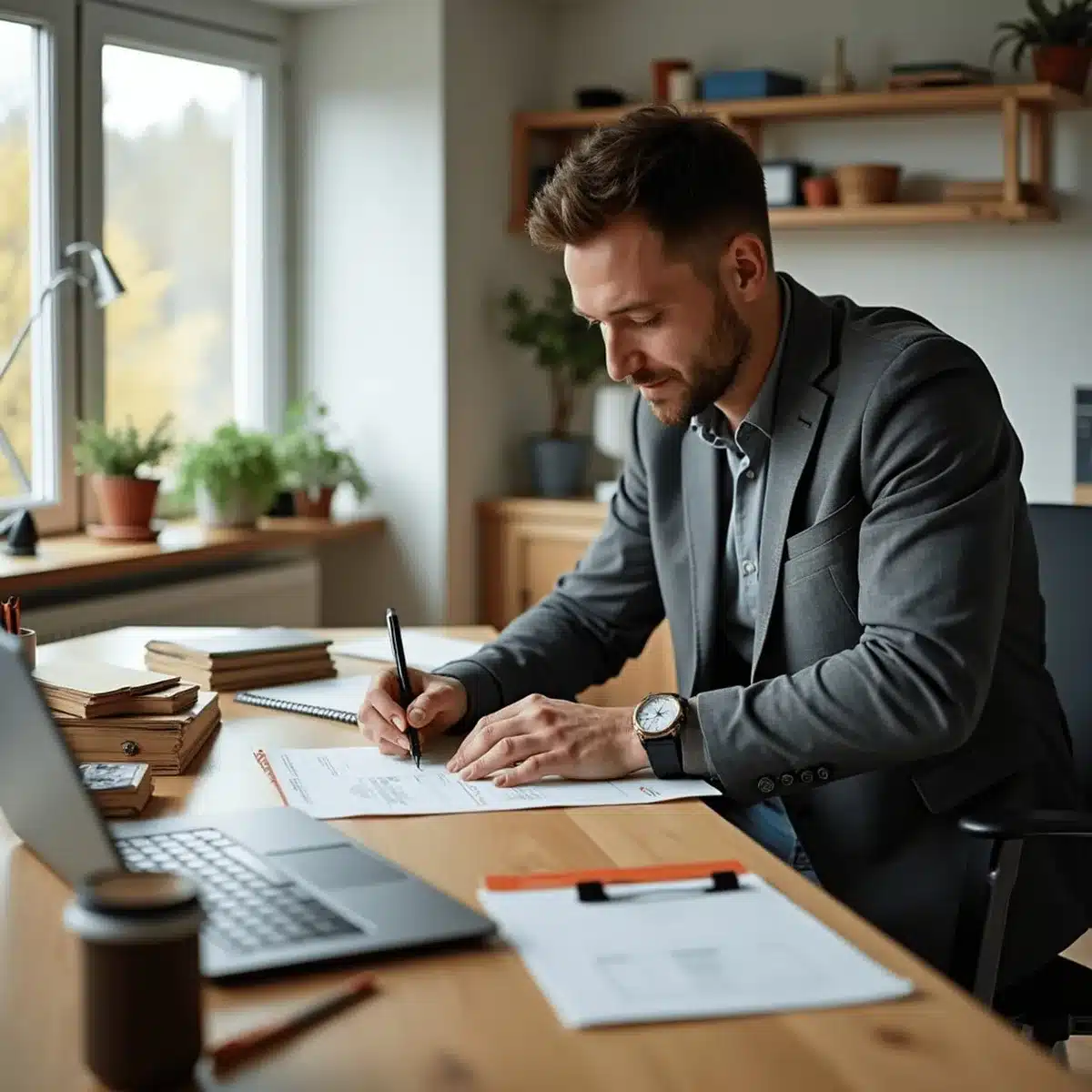Bureau lumineux avec documents et ordinateur pour immatriculation d'entreprise