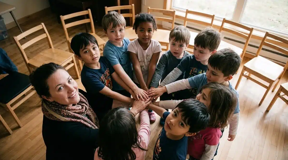Gestes non verbaux d'un enseignant près d'un groupe d'élèves